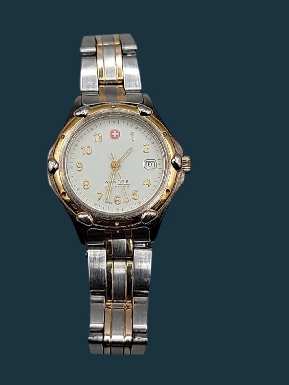 Vtg Wenger SAK Design Ladies Watch Two Tone Date White Dial 100M Water Res 29mm - Picture 15 of 15